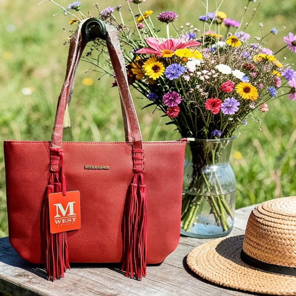 Montana West Red Tote Bag w/Front Tassels & Pebbled Faux Leather (NWT) - Picture 2 of 13